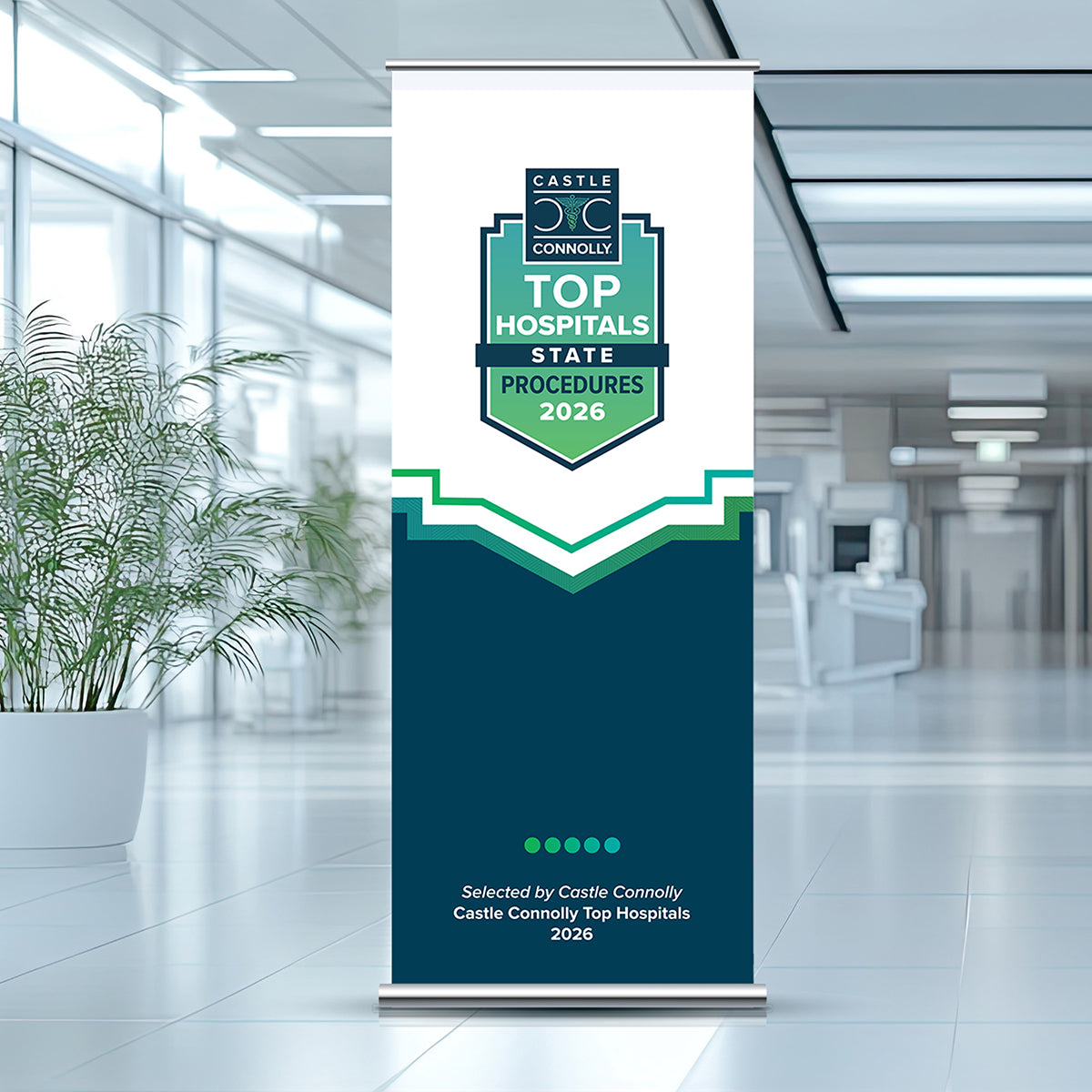 Roll-up banner for Castle Connolly Top Hospitals National Procedures 2026 in a hospital setting.