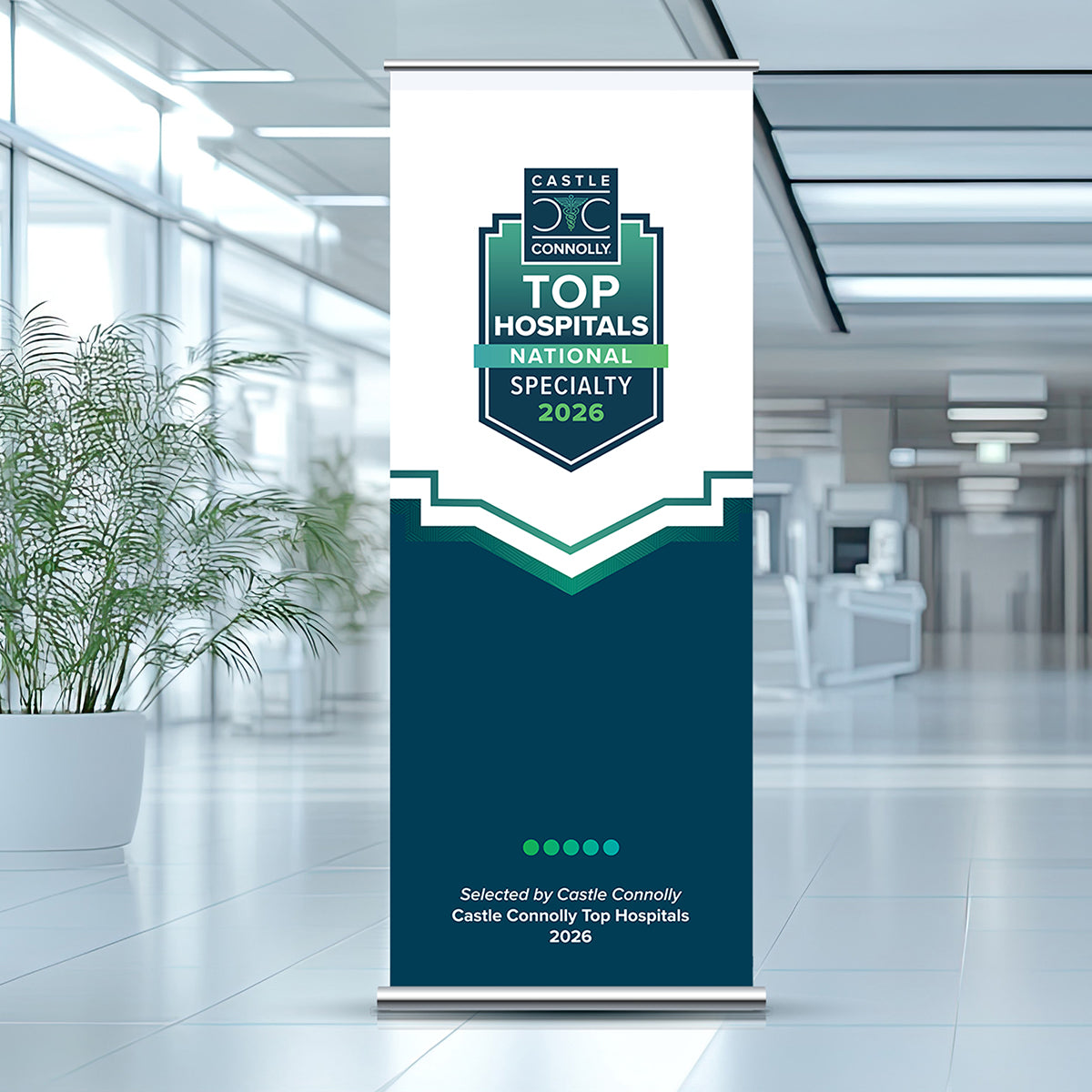 Roll-up banner for Castle Connolly Top Hospitals 2026 in a hospital setting