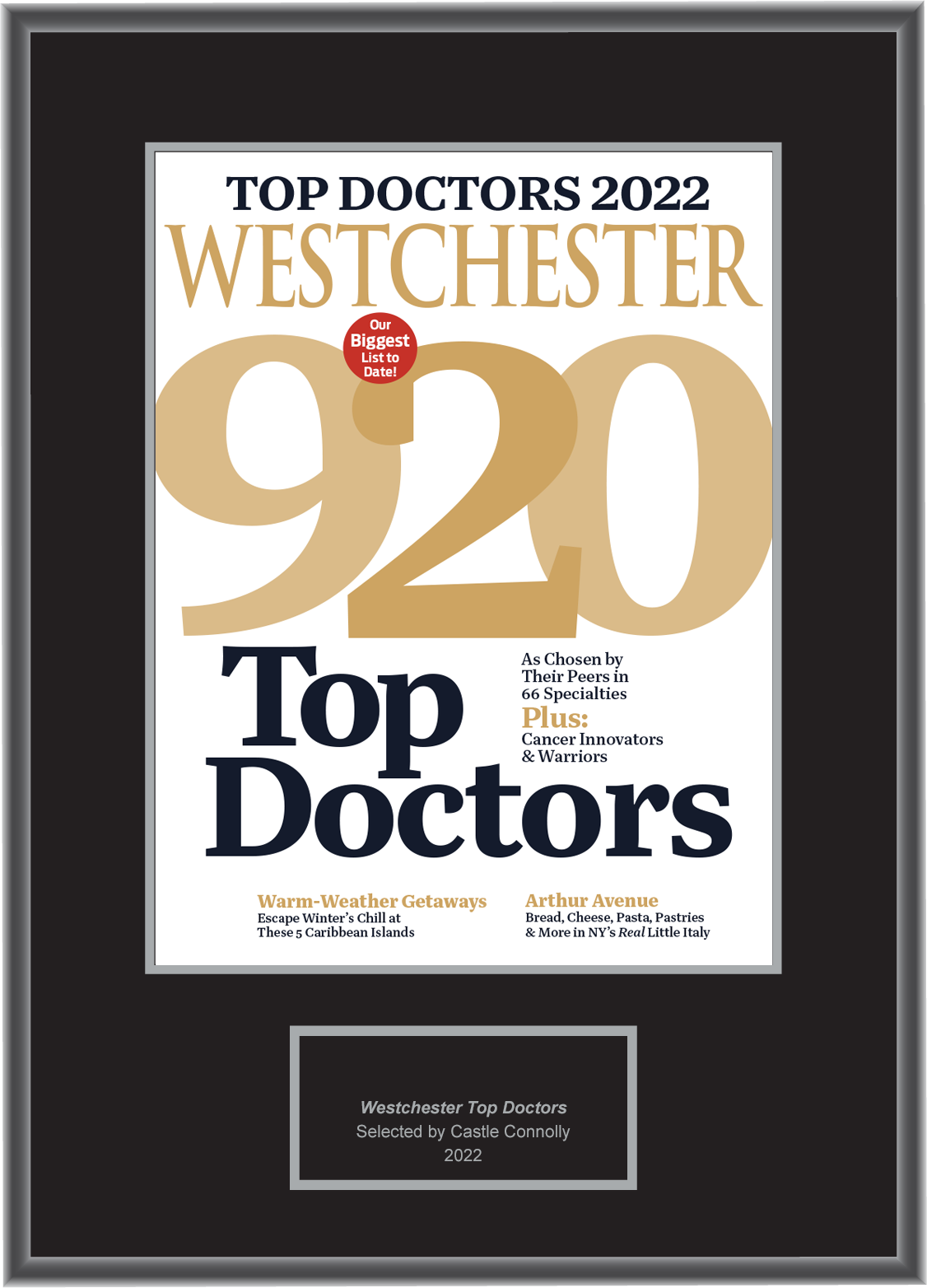 Westchester Magazine Top Doctors 2022 - Plaque